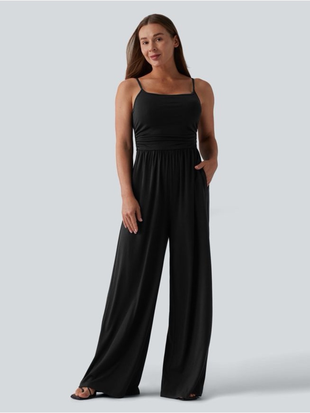 HALARA Adjustable Strap Ruched Wide Leg Heathered Casual Jumpsuit with Pockets - Picture 2 of 3